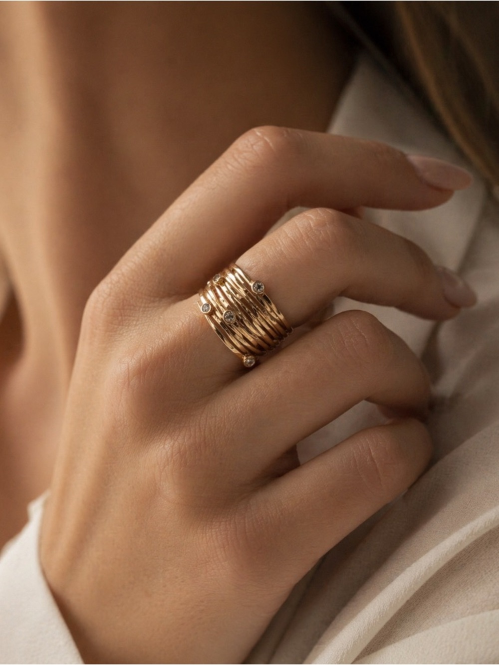 Gold Multi-Band CZ Accent Stackable Ring - Picture 2 of 2
